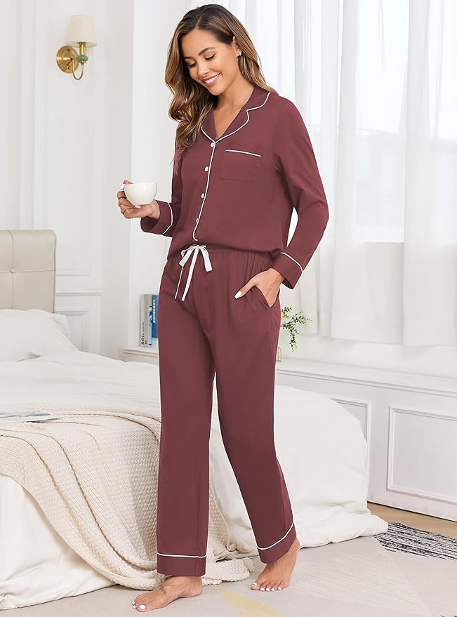 Veseacky 100% Cotton Pajamas for Women Set Long Sleeve Button Down Sleepwear Soft Pjs Lounge Sets with Pockets XS-XXL