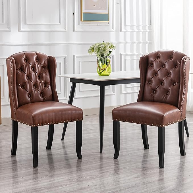 DUOMAY Modern Tufted Dining Chairs Set of 6, PU Leather Upholstered Dining Room Chairs Armless Guest Side Chair for Kitchen Dining Room, Wingback Accent Chairs with Solid Wood, Brown