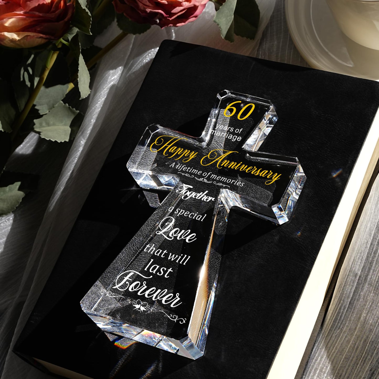 JOASURA 60th Wedding Anniversary Crystal Cross Gifts for Couple, 4x6”Laser Engraved 60 Years of Marriage Religious Gift for Parents