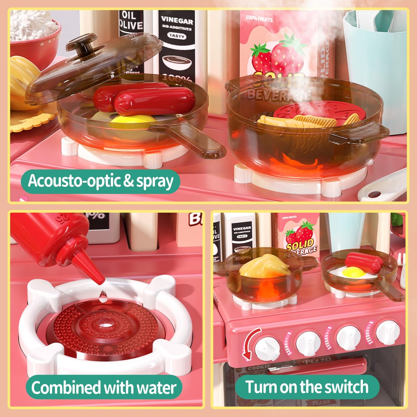 AIQI 47PCS Kids Kitchen Playset with Sound & Light, Cooking Stove with Steam, Play Sink and Toy Kitchen Accessories - Pretend Kitchen Play Food Toys for Boys and Girls, Toddler Kitchen Set (Red)