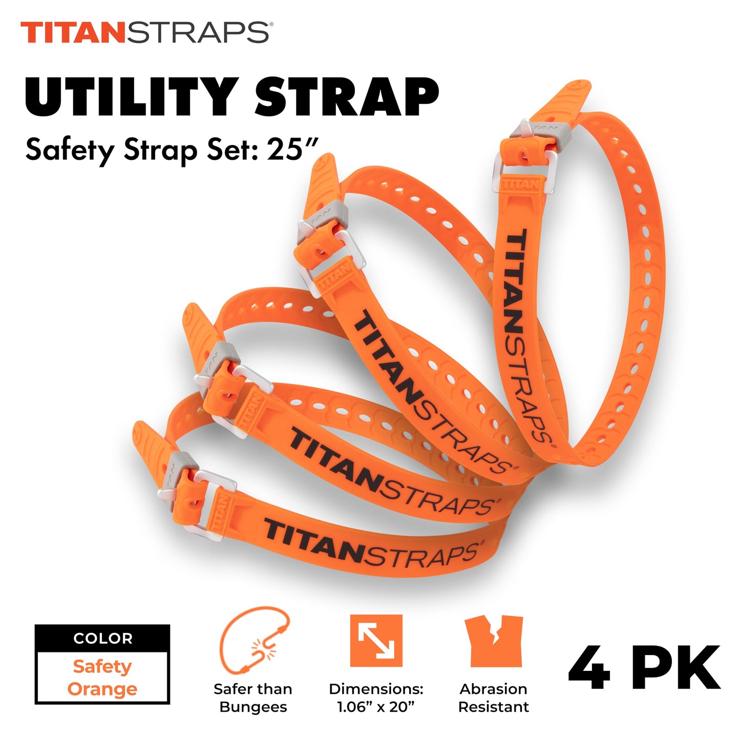 Titan Utility Straps – Easy-To-Use, Reliable Tension Straps for Securing Bike & Moto Gear, Skis, Garden Hoses, Field Repair – Use in Frigid Temp – 60 lb.Working Load, 25" Length, Safety Orange, 4-Pack