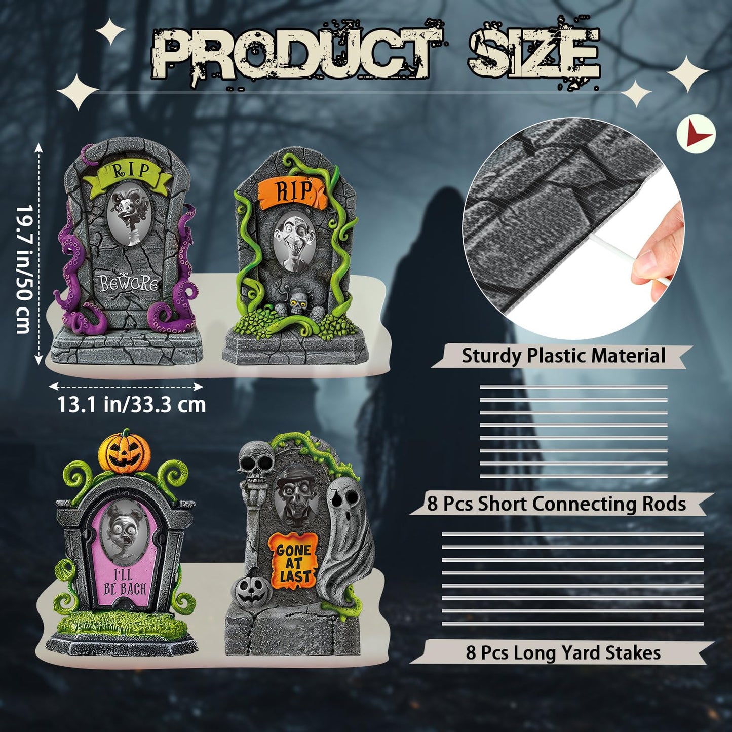 Hiboom 4 Set Large Halloween 3D Changing Face Rip Graveyard Tombstones and 19.7x13.8 Inch Halloween Skeleton Headstone RIP Graveyard Tombstones Outdoor Props Decoration for Yard Garden Lawn