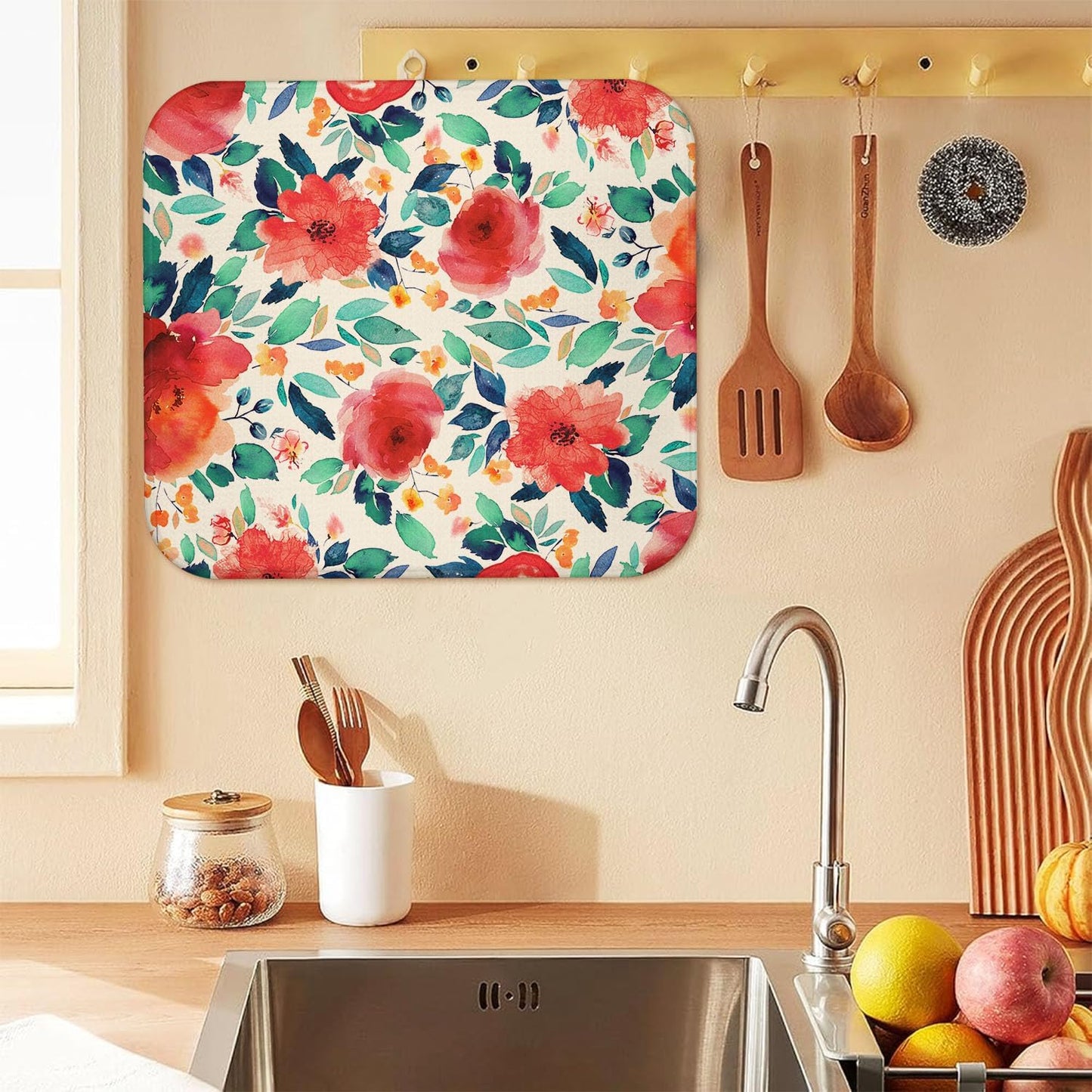 Flower Drying Mat 16" X 18" Red Rose Kitchen Counter Stone Large Dish Drying Mats For Kitchen Counter Blooming Plant Drying Mats For Home Counter Drying Mats For Dishes Dish Table Mat Drying Mat