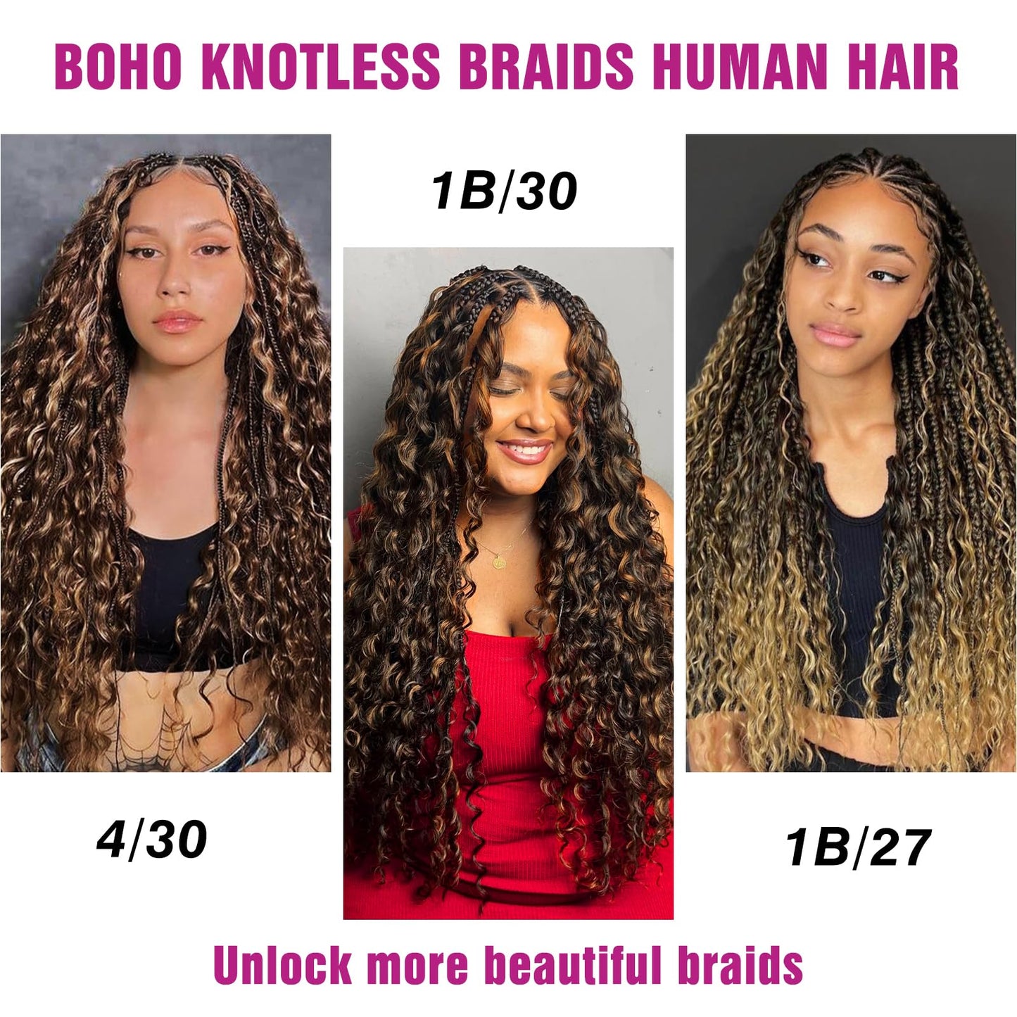 1B/30 Highlight Bronze Human Braiding Hair Deep Wave Bulk,Black and Gold No Weft Curly Braiding Hair Extensions for Boho Braids