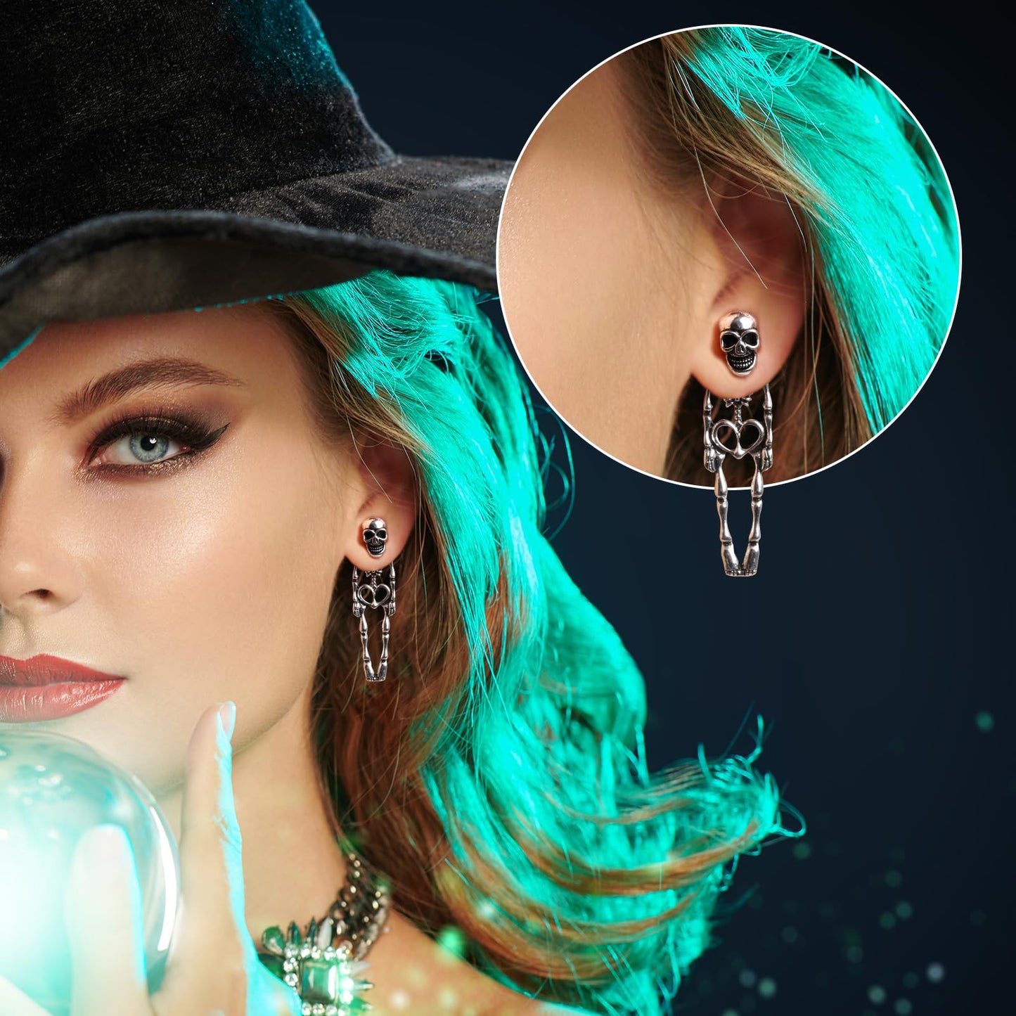 Jaisie.W Halloween Earrings - Silver Skeleton Skull Dangle Earrings (1Pair)