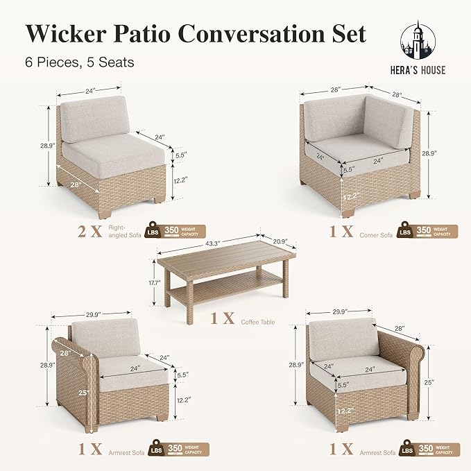 HERA'S HOUSE 6 Piece Patio Furniture Set, Outdoor Sectional Wicker Sofa with 44" Coffee Table, 5.5" Thick Waterproof Cushion All Weather 5 Seats Modular Conversation Set for Garden Deck Backyard