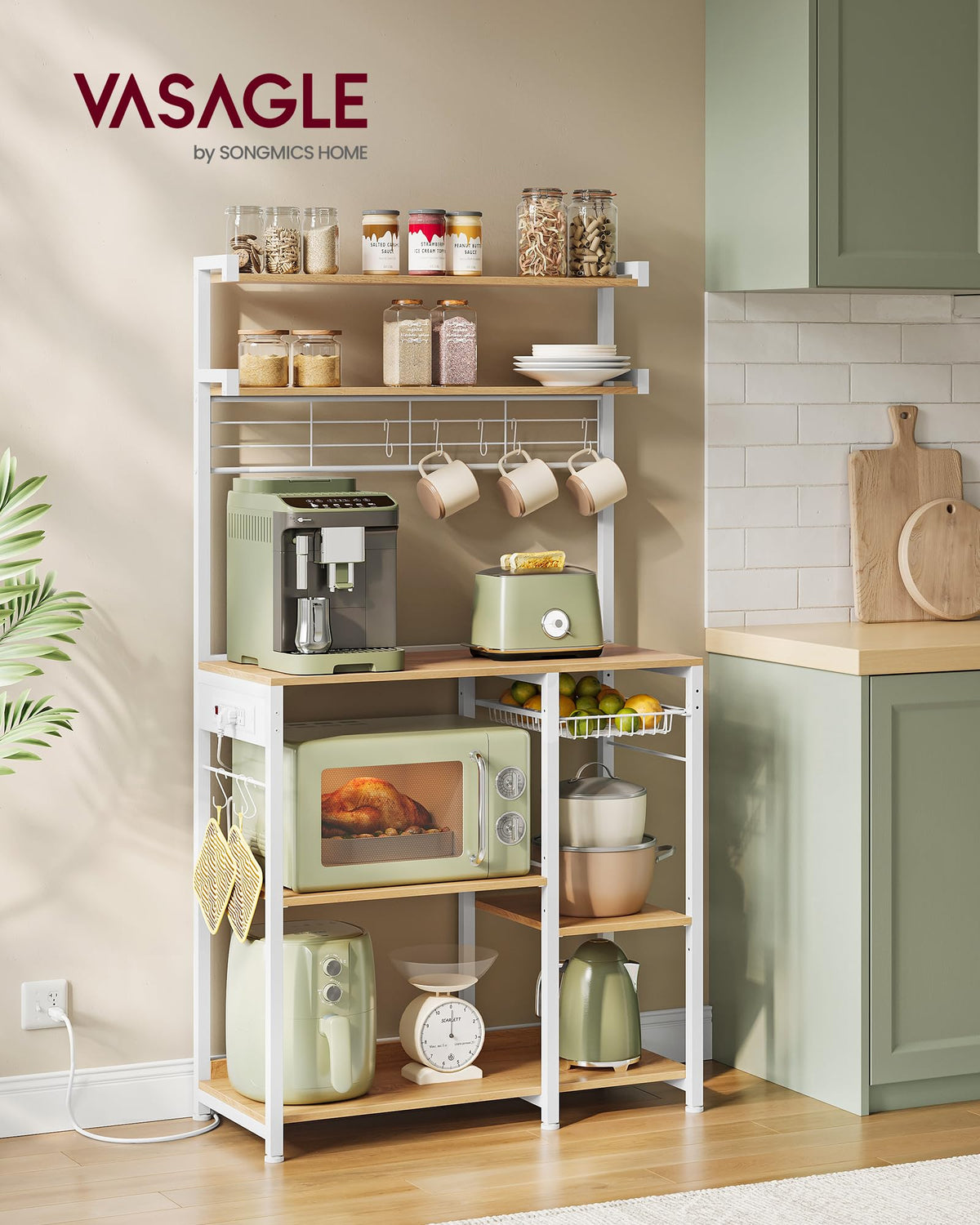 VASAGLE Bakers Rack with Power Outlet, 35.4 Inches Microwave Stand, Coffee Bar, 4 AC Outlets, with Adjustable Shelves, 8 S-Hooks, Basket, Spice Racks, Golden Oak and Cloud White UKKS031Y09