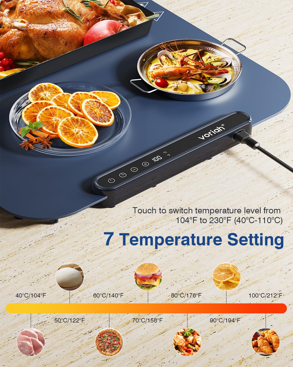 Voriah Warming Mat for Food,27.5x15.7'' Large Electric Warming Tray,7 Temp Levels,99H Continuous Heat,℉/℃ Switch,Patented Heating Design,Versatile Food Warmer for Buffet,Parties,Family Meals,Daily Use