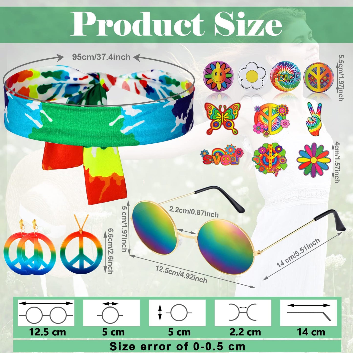 Jiuguva 17pcs 60s 70s Outfits for Women Hippie Costume Set Disco Outfit (Rainbow,X-Large)