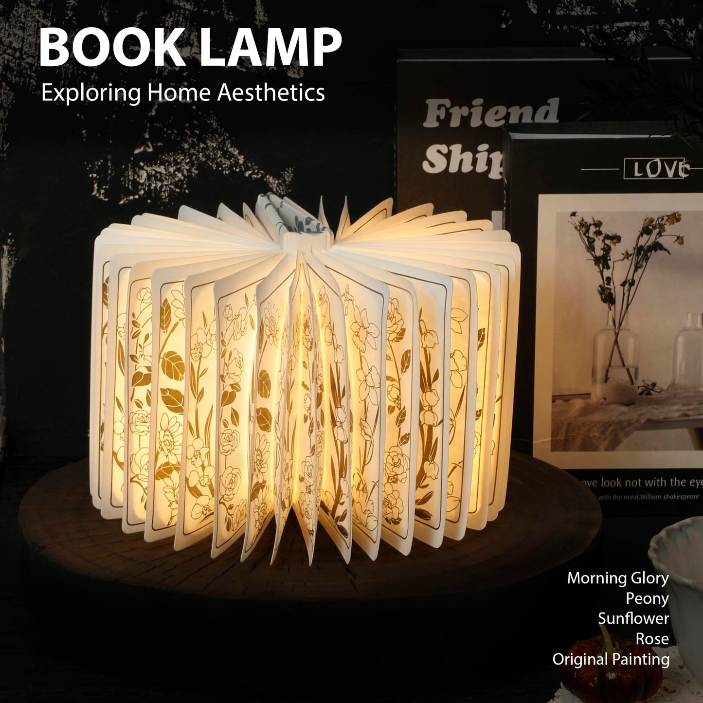 ZBOLE Floral Print Book Light,3-Color Book Lamp Book Lovers Gifts | 1200mAh Portable Foldable Paper Desk Lamp | Night Reading Bookshelf Lamp, Gifts for Women Birthday Ambient Lighting(White Silver)
