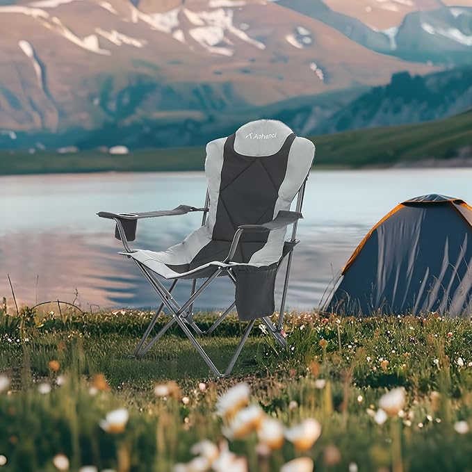 Aohanoi Camping Chairs, Portable 2 Pack Camp Chairs for Heavy People with Adjustable Angled Backrest, Outdoor Folding Camping Chairs for Outside Supports up to 350lbs, Carry Bag Included