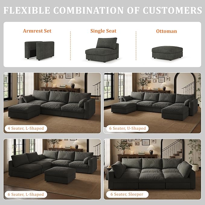 Cloud Modular Sectional Sofa Couch, 99" Oversized Sectional Couches for Living Room, Cloud Modular I-Shaped Sofa with Chaise, 3 Seater, Chenille, Dark Gray