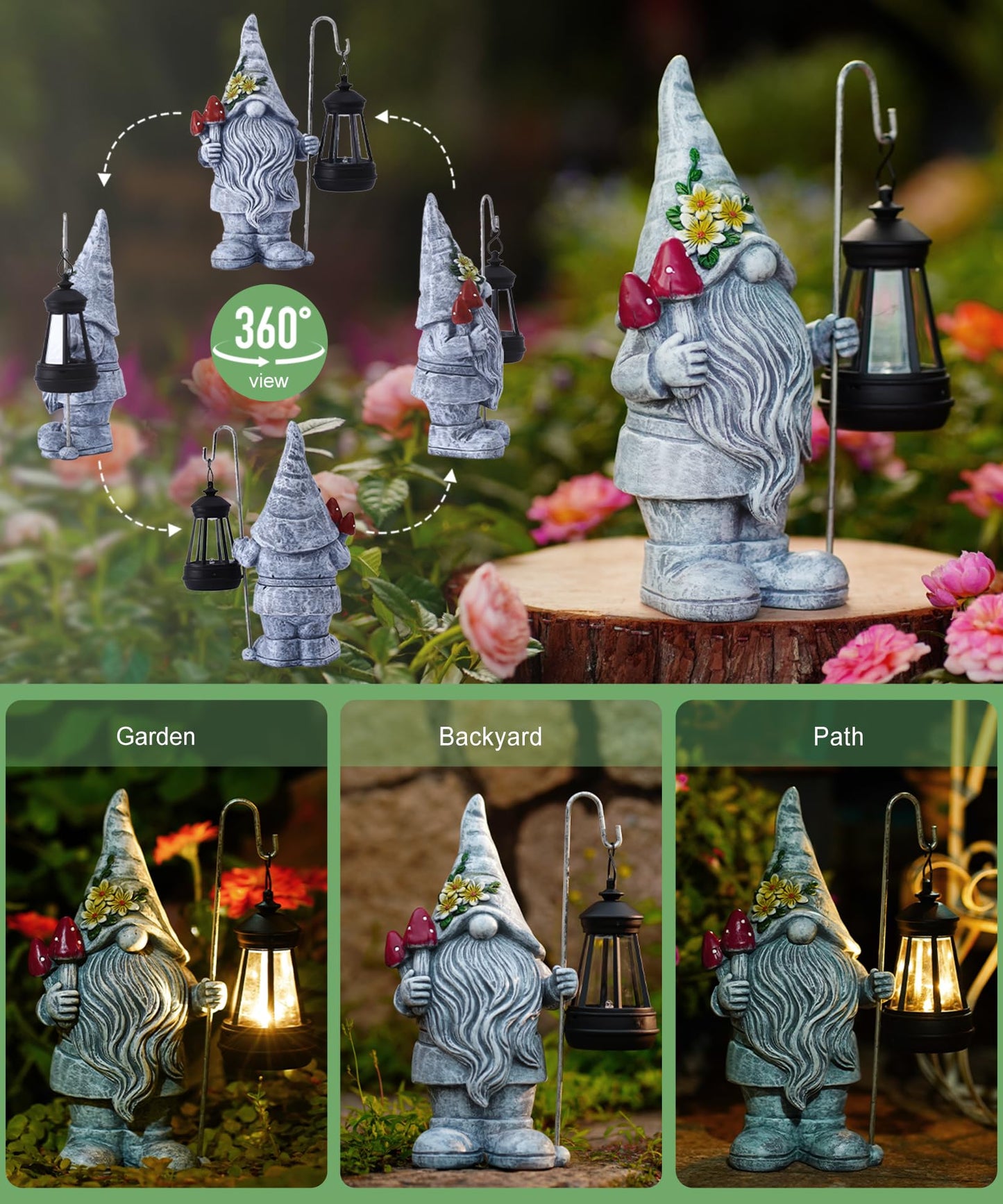 Acgarten Garden Gnome Statue with Solar Lights Lantern,Outdoor Sculpture Home Decor for Yard Lawn Balcony Patio Porch,Gardening Gifts for Mom Women Grandma