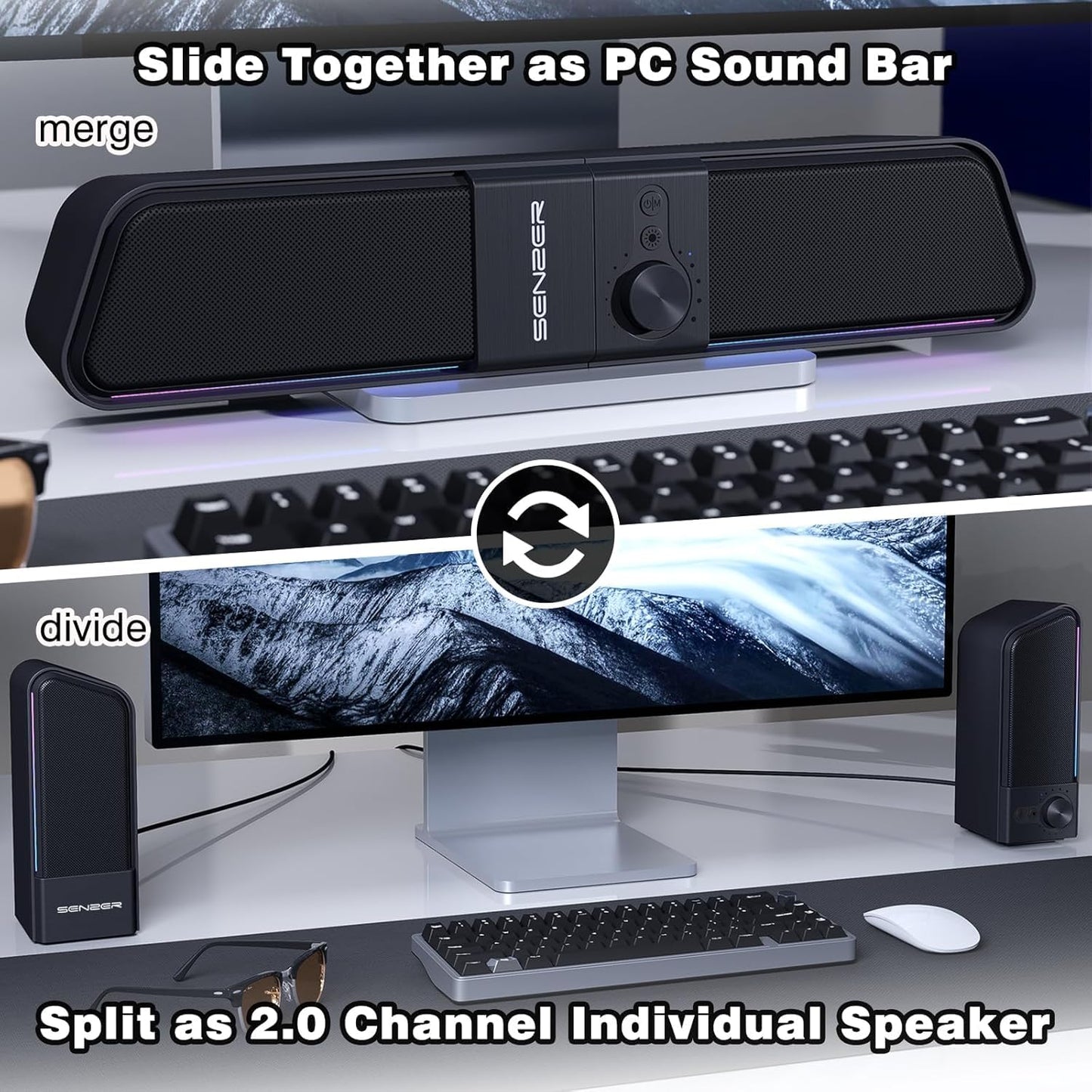 SENZER CS20 2 in 1 Bluetooth Computer Speakers for Desktop, USB Plug & Play Clear Sound PC Speakers with RGB Light, Monitor Sound Bar with Volume Knob, Gaming Speaker for PC Laptop Phone Tablet