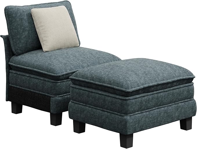 PHI VILLA Oversized Single Armless Sofa with Ottoman, Upholstered Chaise Lounge Chairs, Indoor Cloud Reading Chair with Deep Seat for Small Spaces, Chenille Fabric, Teal