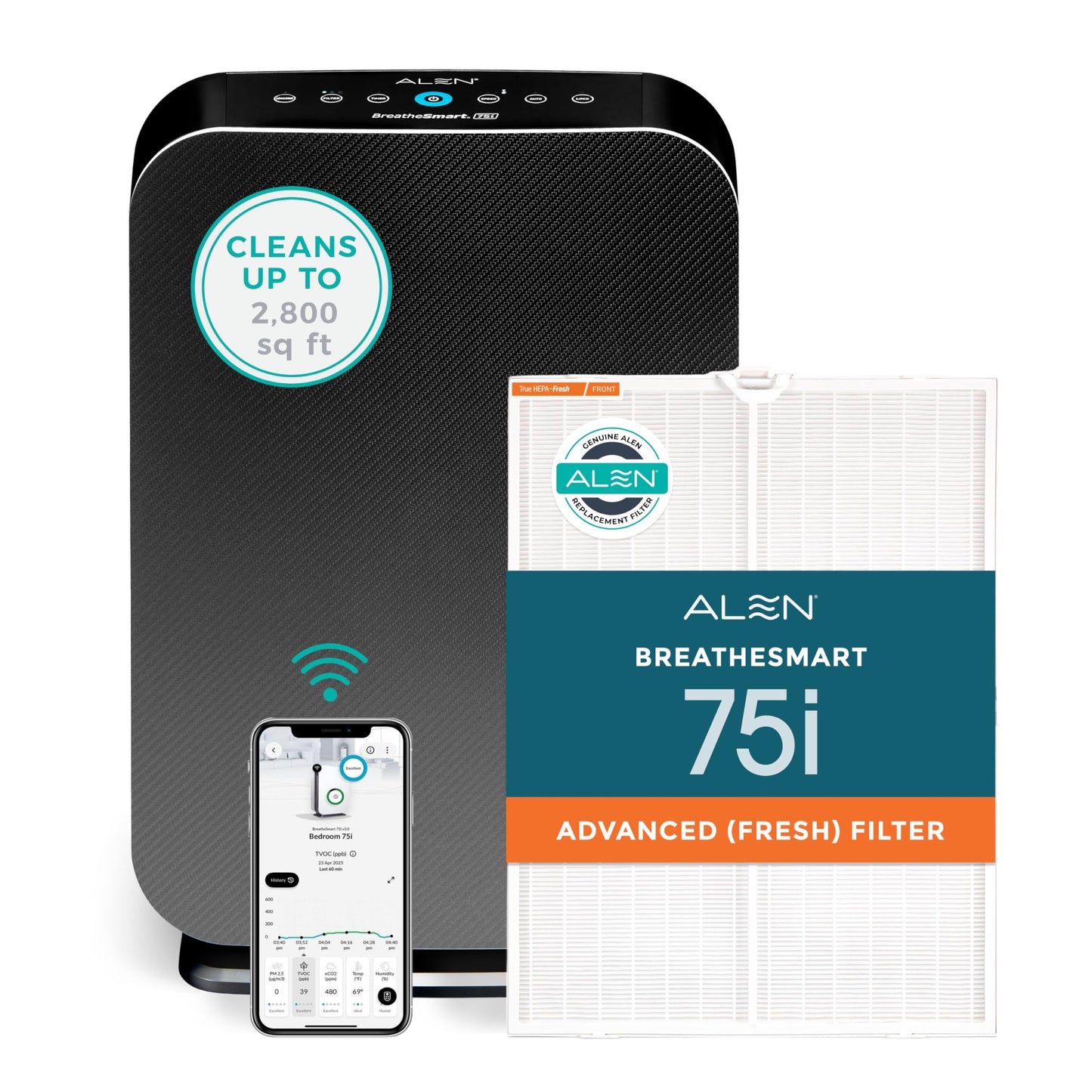 Alen Air Purifier BreatheSmart 75i HEPA with Fresh Filter + Carbon for Large Rooms up to 2800 Sq. Ft - Perfect for Living Room &