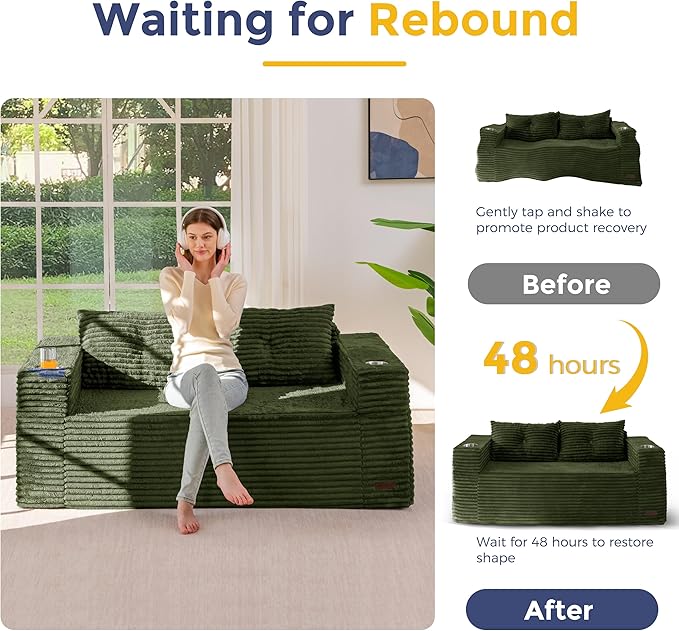 MAXYOYO 63" Boneless Loveseat Sofa Couch for Small Spaces, Mini Love Seat Floor Couch with Cup Holders and Pillows, 2-Seater Upholstered Cloud Couch for Bedroom Apartment, No Assembly Required