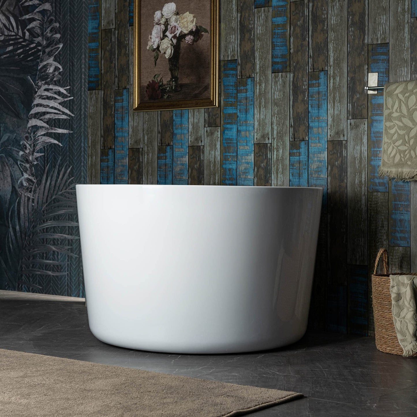 WOODBRIDGE 41" Acrylic Freestanding Round Contemporary Soaking Tub with Pre-molded Seat and Oil-Rubbed Bronze Overflow and Drain Option, White