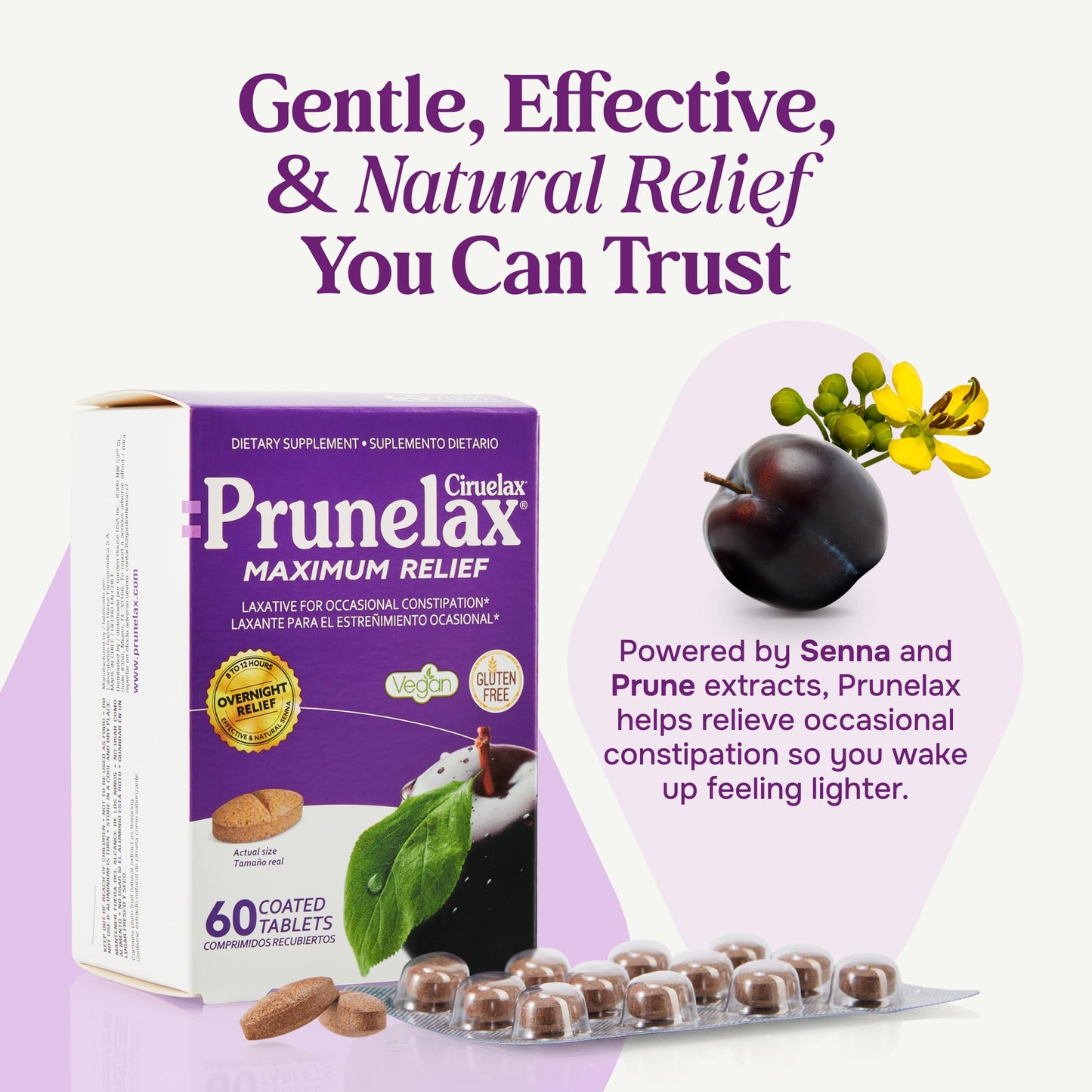 Prunelax Ciruelax Maximum Relief Laxative Tablets with Natural Senna for Occasional Constipation, Senna Extract, Vegan & Gluten-Free, Gentle Overnight Relief - 60ct