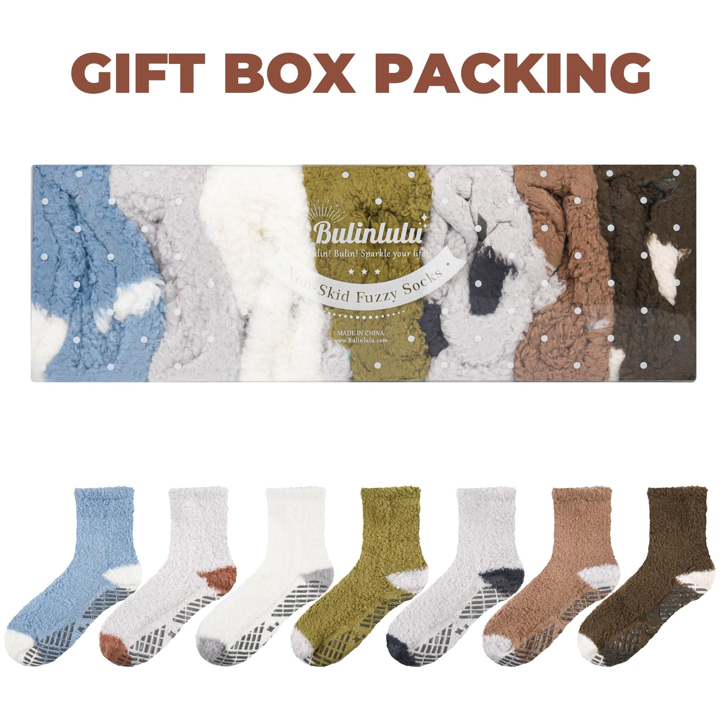 Bulinlulu Fuzzy Socks with Grips Plush Sleep Cozy Winter Soft Hospital Fluffy Socks Gifts for Womens Mens Gifts(Black/Dark Green/Grass Yellow/Blue/Grey/White)