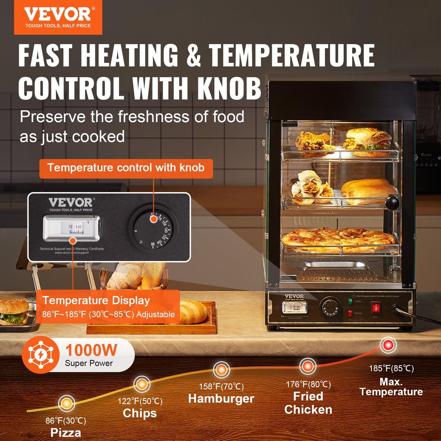 VEVOR 3-Tier Commercial Food Warmer Display, 1000W Food Display Warmer with Light, Adjustable Shelf and Temperature Display, 86℉~185℉ Steam Heating, 57L for Hamburger, Pizza, Bread, Fried Chicken