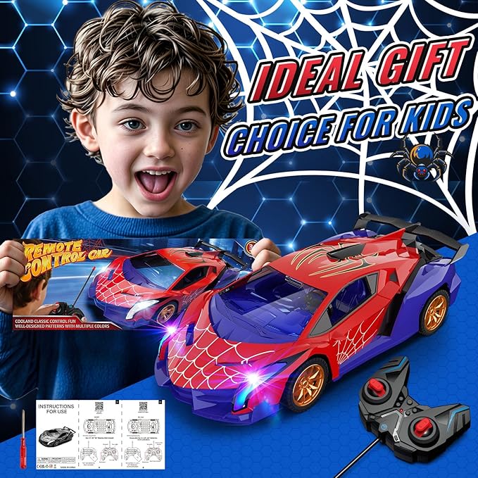 Spider Remote Control Car with Multi-Color Flash Lights, Drift RC Cars, Spider Toys Gifts for 3 4 5 6 7 8 9 10 Year Old Boys Age 3-4 4-6 6-8 8-12 Christmas Birthday Gift, Toddler Kids Toy