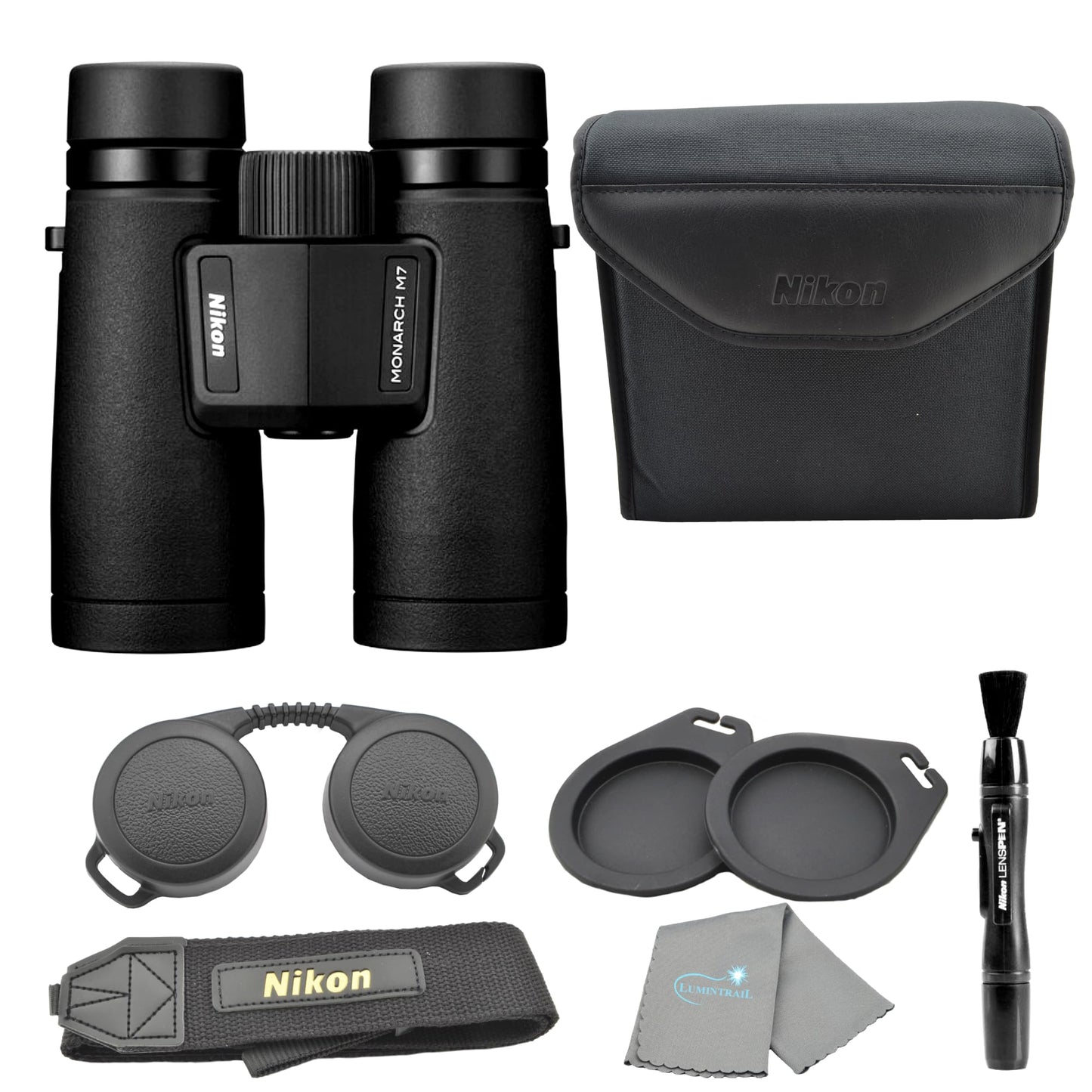 Nikon Monarch M7 8x42 (16765) Black Binoculars Bundle with Lens Pen and Cleaning Cloth, Compact Binoculars for Adults for Huntin