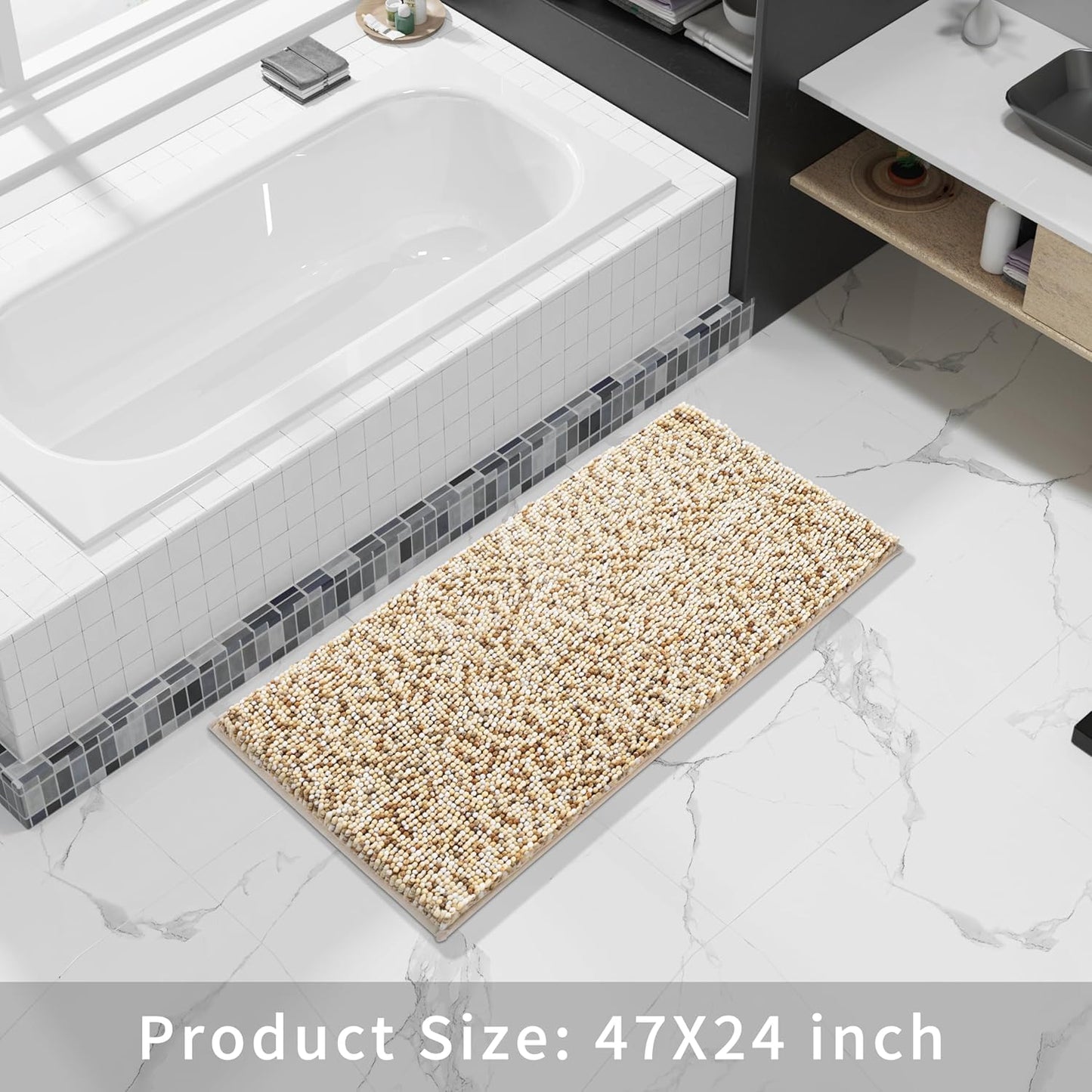Yimobra Luxury Bathroom Rugs, 47x24, Extra Soft Chenille Mats for Bathroom Non Slip, Fluffy Long Matts for Tub, Plush Shaggy Carpet Runner, Water Absorbent, Machine Washable, Beige & Light Coffee