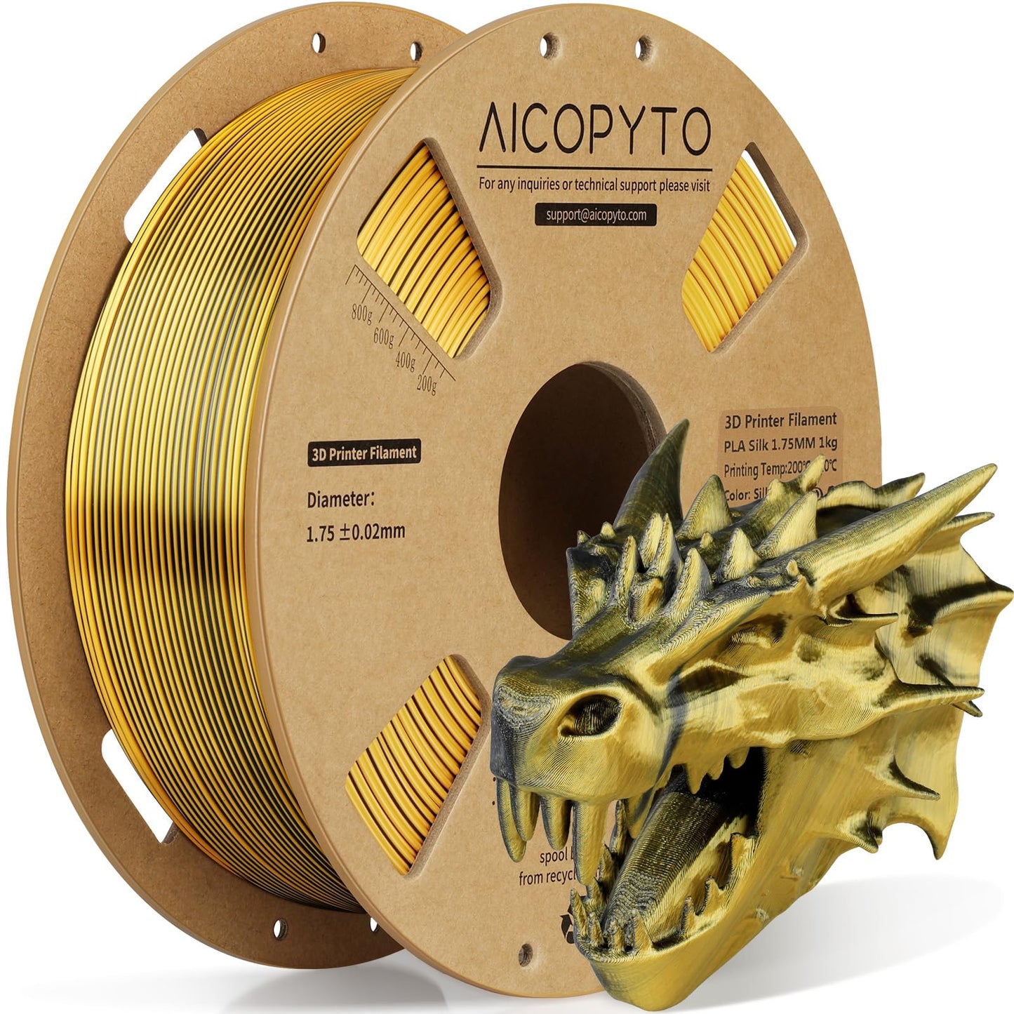 AICOPYTO Dual Color Silk PLA 3D Printer Filament 1.75mm,Dual Color 2-in-1 Gold-Black Silk Filament 1KG Spool (2.2lbs) Dimensiona