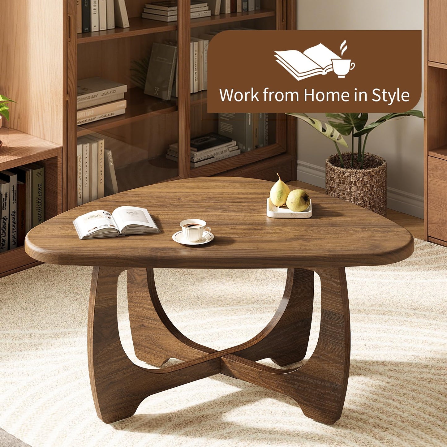 Curlaky Coffee Table for Living Room - Mid Century Modern Coffee Tables with Triangle Top, Unique Small Round Coffee Table, Wood Oval Tea Table with Solid Legs for Bedroom, 35.8"x 22.5" x 16.2" Walnut