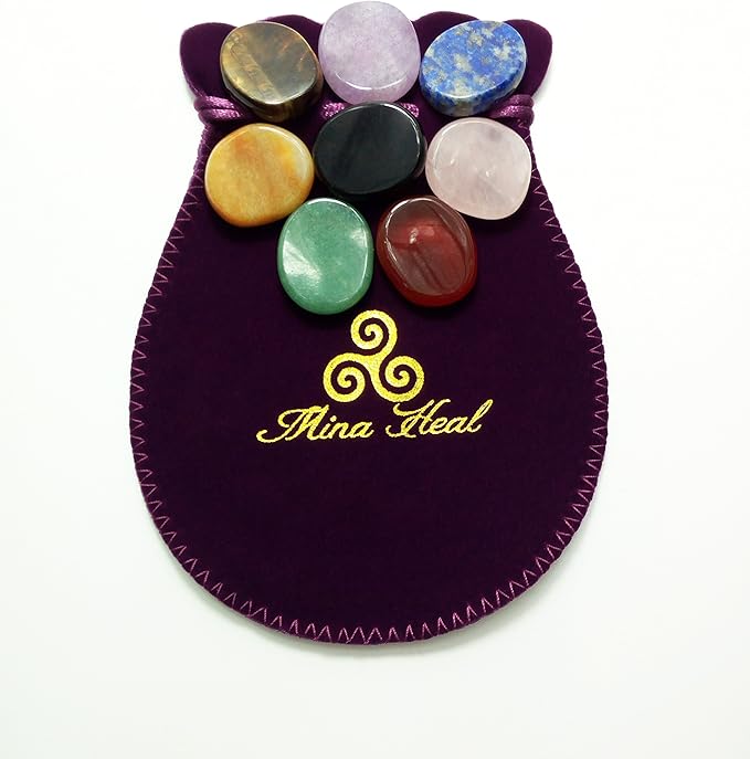 Mina Heal Chakra Stones 8 PCS Kit, Oval Shape, Tumbled & Polished, for Use in Grounding Balancing Soothing Meditation Reiki or as Worry Stones, Hot Spa Rock & Massage