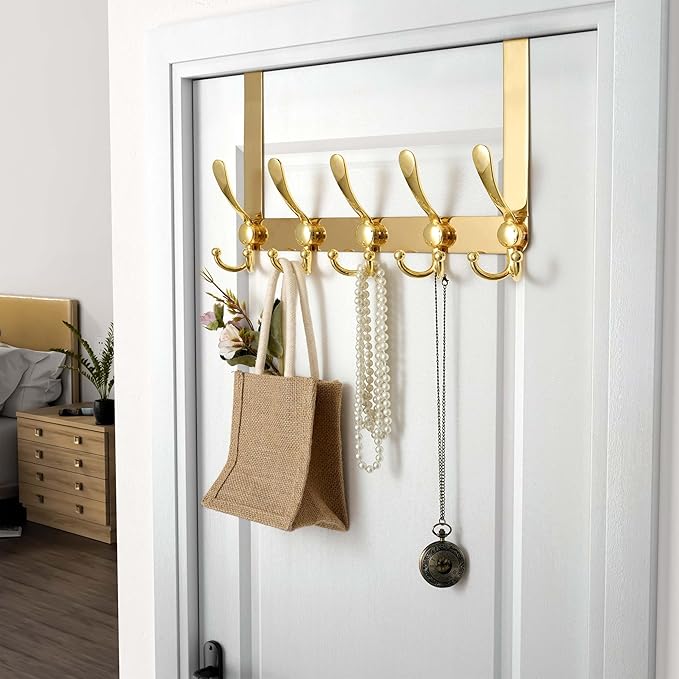 Dseap Over Door Hook 2.0 - Upgraded Version - Simple-Assembly, Strong, Heavy-Duty Stainless Steel 5-Tri-Hook Over The Door Hanger Rack, SimpleStrong Series, Gold