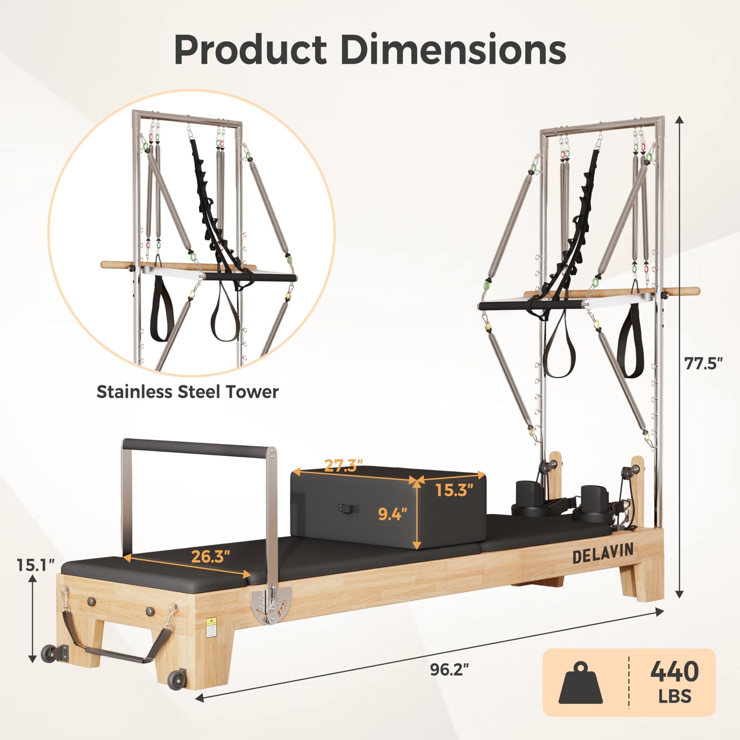 DELAVIN Pilates Reformer with Tower, Pilates Machines with Springs, Sitting Box, Jump Board and Accessories, Solid Wood Pilates Equipment for Studio, Gym and Home Workout