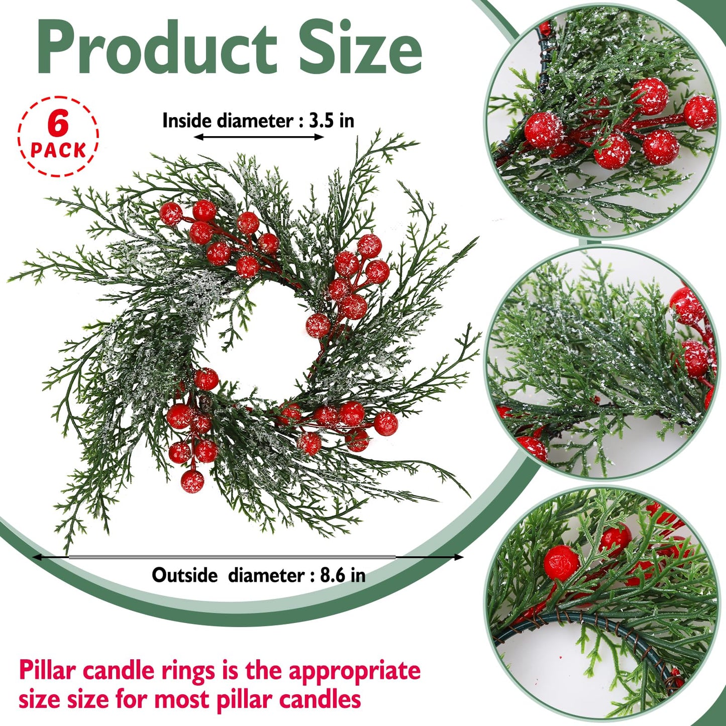 Serlvan 6 Pcs Christmas Candle Rings Wreath Artificial Candle Rings with Red Berry, Snowy Pine Garland Candle Ring Holder for Christmas Decorations Table Centerpiece
