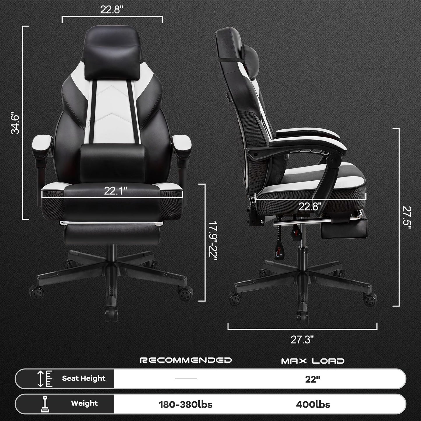 Meilocar Gaming Chair for Adult, Video Game Chair Computer Chairs with Footrest Big and Tall Gaming Chair with Massage Lumbar Support Height Adjustable and 360° Swivel Seat White