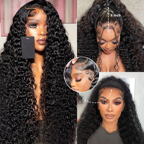 13x6 Deep Wave Lace Front Wigs Human Hair 200 Density HD Transparent Lace Front Wig 24 inch Curly Lace Frontal Wigs for Women Pre Plucked Natural Black