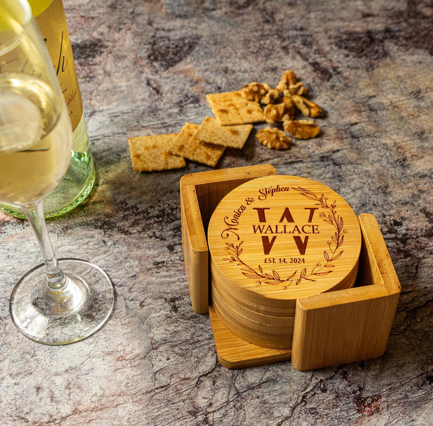 Silveroy Custom Coaster Set of 6 with Holder - Personalized Bamboo Bar Coasters for Anniversary, Wedding, Ideas to Couples, Newlyweds