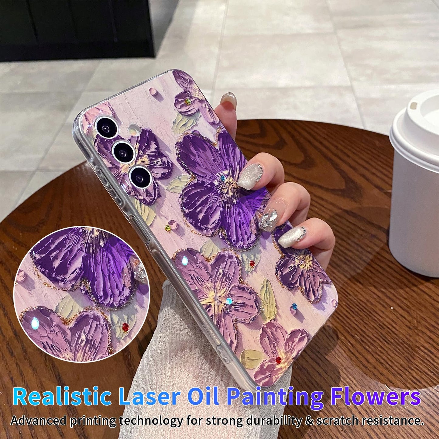 Leleyun Case For Samsung Galaxy A13 5G, Retro Oil Painting Printed Flower Cute Pattern With Glitter Gem Phone Cover Durable Tpu