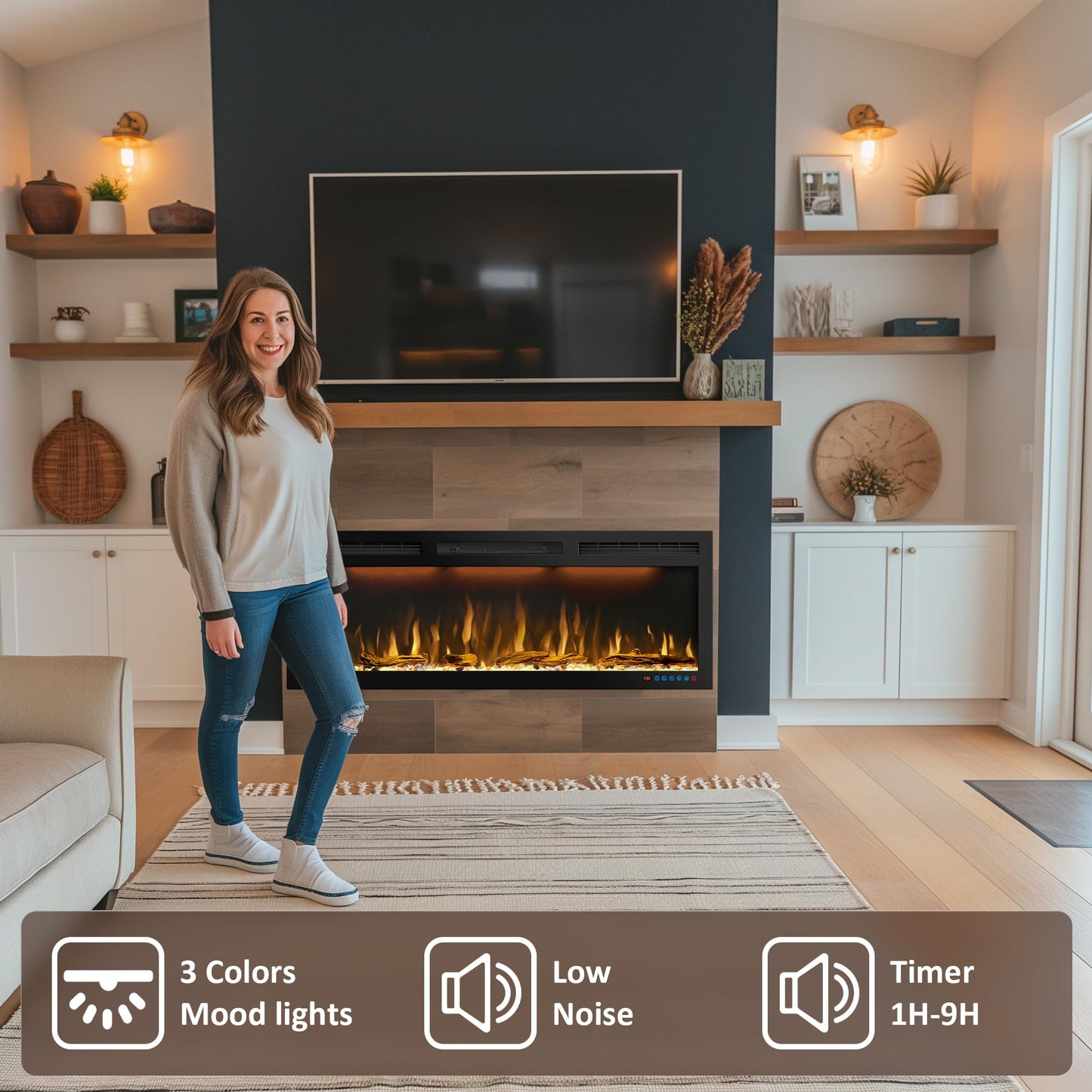 50 inches Electric Fireplace, Recessed and Wall Mounted Fireplace Heater and Linear Fireplace Inserts, with Timer, Remote Control, Adjustable Flame & Light Colors, 750W/1500W, Black