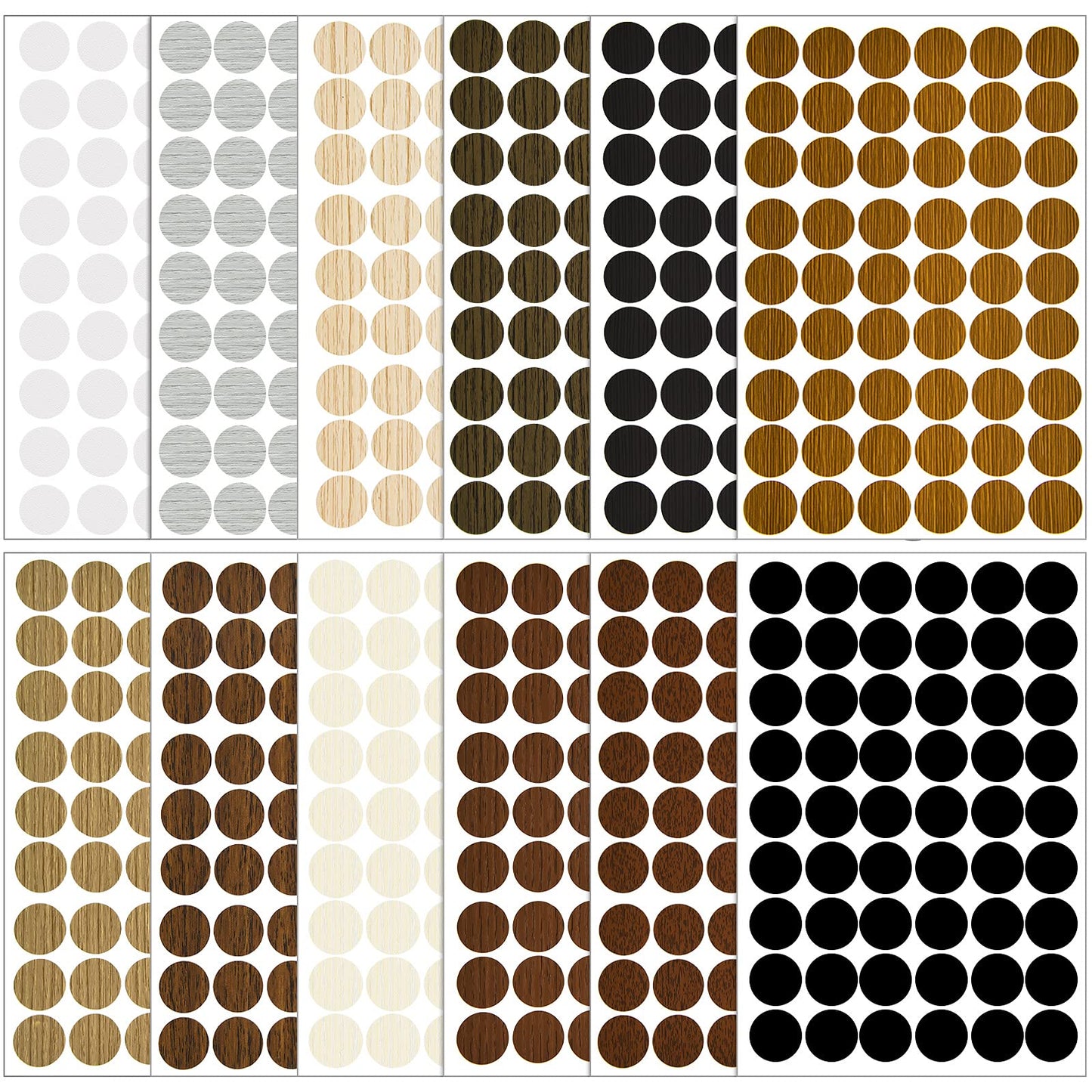 Tenare 648 Pieces Adhesive Screw Hole Cover Stickers Wood Grain Furniture Stickers 12 Colors Waterproof Screw PVC Cover Caps for Wall Cabinets Desk Repairing(Classic Style)