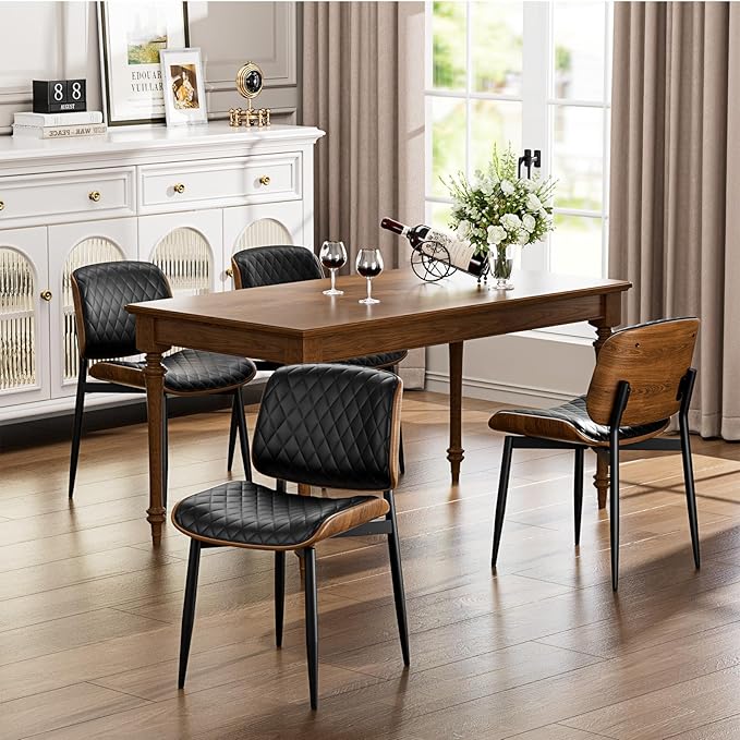 YaFiti Dining Chairs Set of 6, FSC Certified Mid Century Modern Accent Dining Room and Kitchen Chairs, Upholstered PU Leather Diamond Check Chairs with Walnut Bentwood and Metal Legs, Black