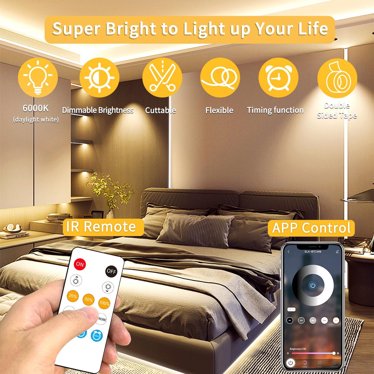 Yeewhale 16.4ft COB LED Light Strip 3000K Warm White Dimmable DC 24V Flexible LED Tape Light for Bedroom, with Remote and app Control LED Strip Lights,for DIY Decoration