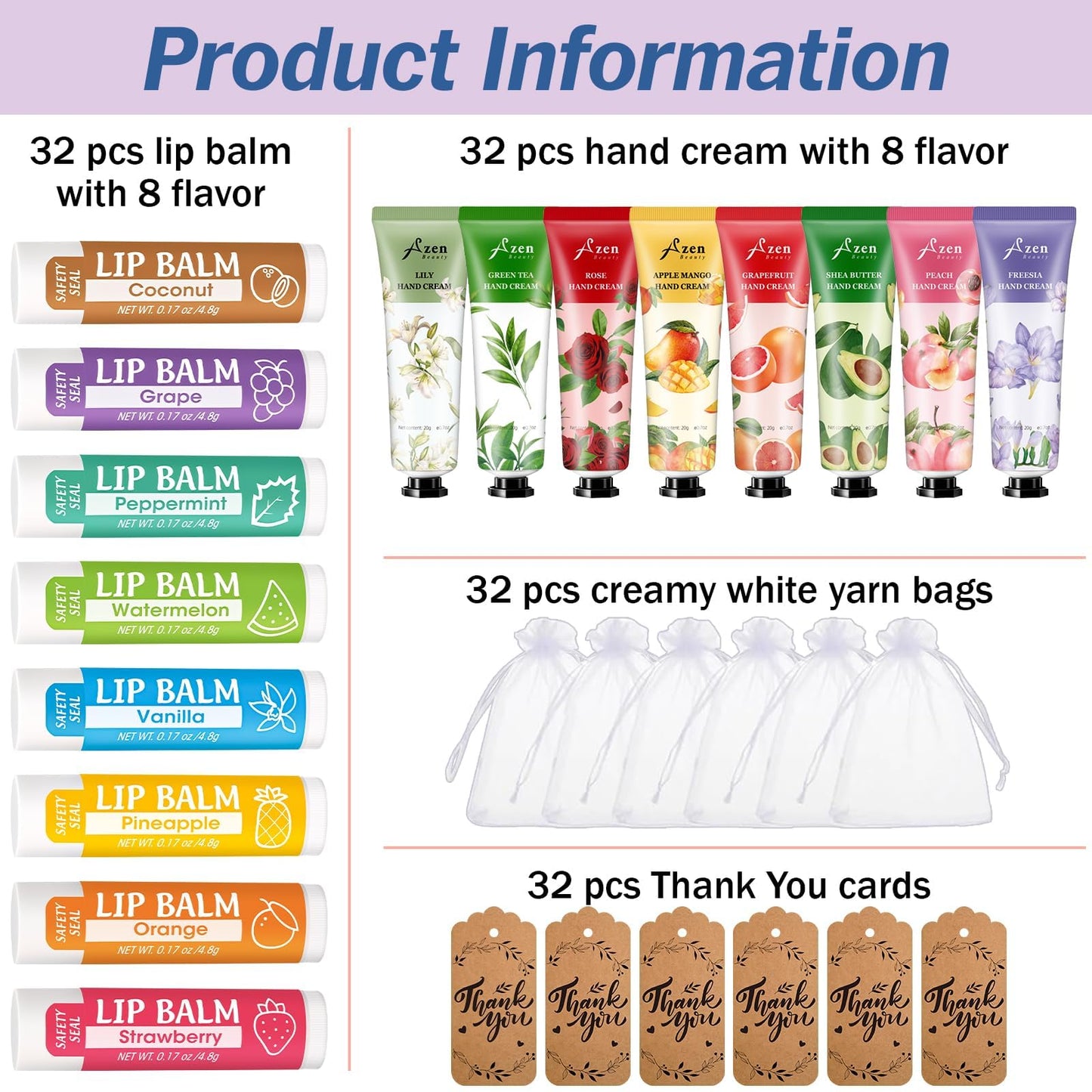 AZEN 32 Sets Bulk Gifts, Hand Cream and Lip Balm Bulk Set with Organza Bag Thank You Card, Baby Shower Wedding Gifts for Guests, Bridal Wedding Favors for Guests,Thank You Gifts for Women