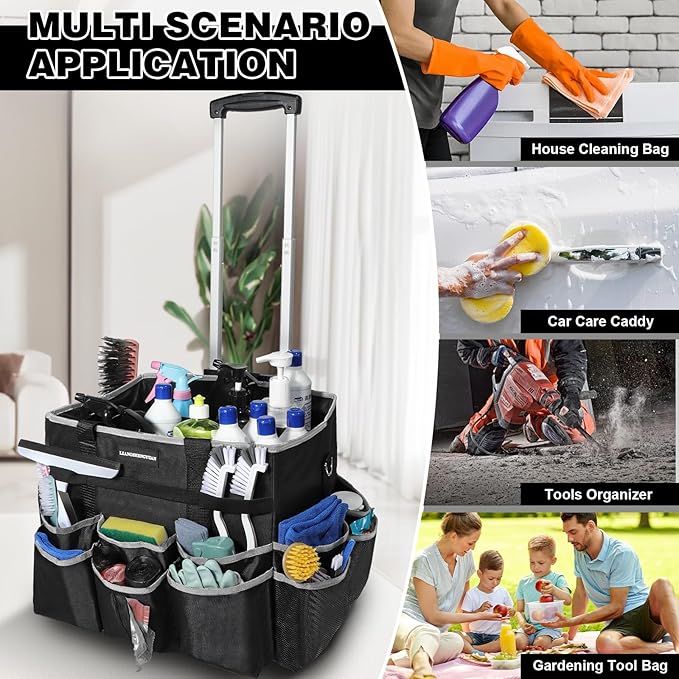 Large Rolling Cleaning Caddy Bag, Cleaning Caddy with Wheels with Detachable Trolley for Housekeepers, Water Resistant Cleaner Supplies Organizer with Wheels for Kitchen, Car, Picnic (Black-Grey)