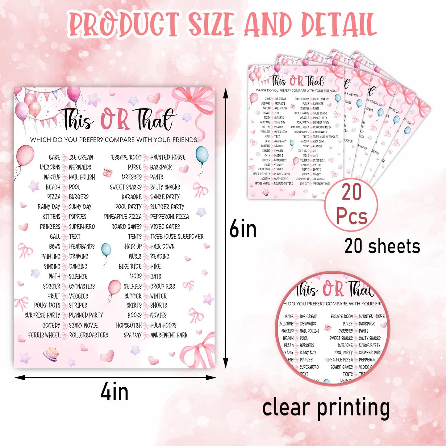 Pink Slumber Party Games Card -Sleepover Stuff- Coquette Pink Bow Themed Sleepover Slumber Party Supplies- Birthday Night Games Creative Idea -This or That- 20 Game Cards