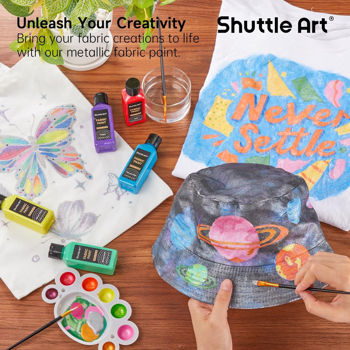 Metallic Fabric Paint, Shuttle Art 18 Metallic Colors Permanent Soft Fabric Paint in Bottles (60ml/2oz) with Brush and Stencils, Non-Toxic Textile Paint for T-shirts, Shoes, Jeans, Bags & DIY Projects