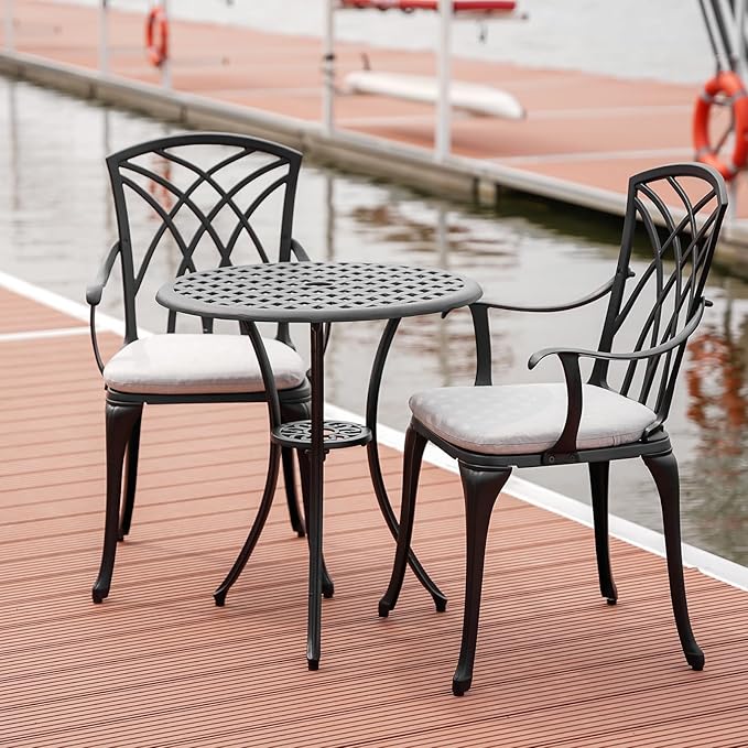 Withniture Patio Bistro Sets Cast Aluminum Bistro Table and Chairs Set of 2 with Umbrella Hole,Outdoor Bistro Set with Cushion for Yard (BLACK1)