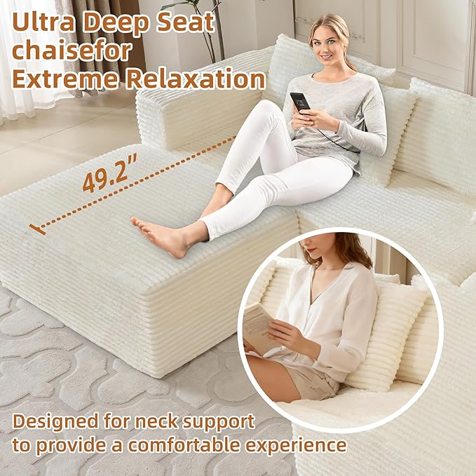 110 Modular Sectional Boneless Sofa with 2 Ottomans, Corduroy U-Shaped Modular Sectional Sofa, Convertible Cloud Couch with Deep Seats, No Assembly Required (White, 110" 3Seat+2 0ttoman)