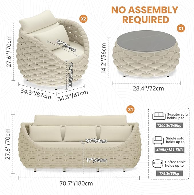 Erotr Woven Rope Outdoor Sofa Set: 4 Pieces Aluminum Patio Conversation Set Assembled - All Weather Cushioned Porch Furniture Couch - Modern Metal Lounge Set for Deck Yard Resort Hotel Sunroom, Beige