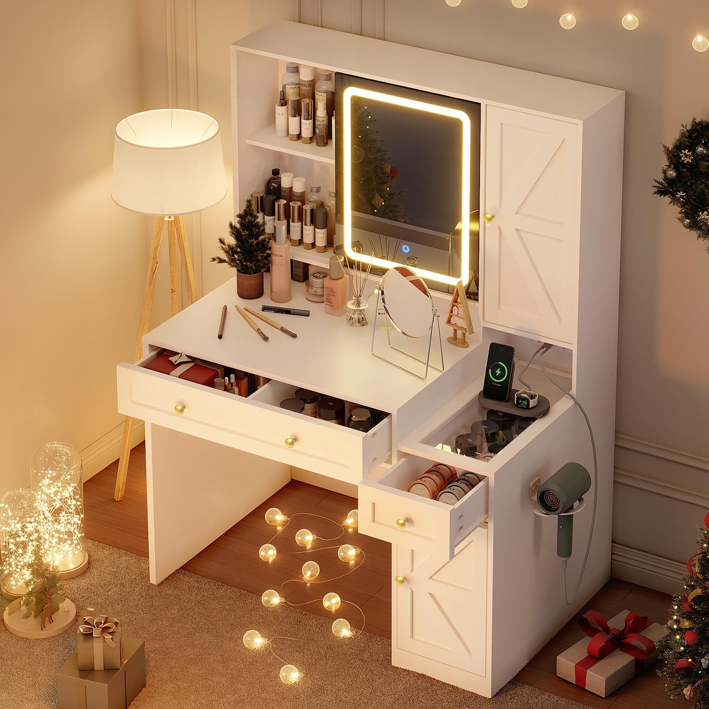 Pamapic Glass Top Farmhouse Vanity Desk with Mirror and Lights, Sliding LED Mirror Makeup Vanity with 3 Golden Handles Drawers and 12 Compartments, Jewelry Organizer 3 Color Dressing Table, Bedroom